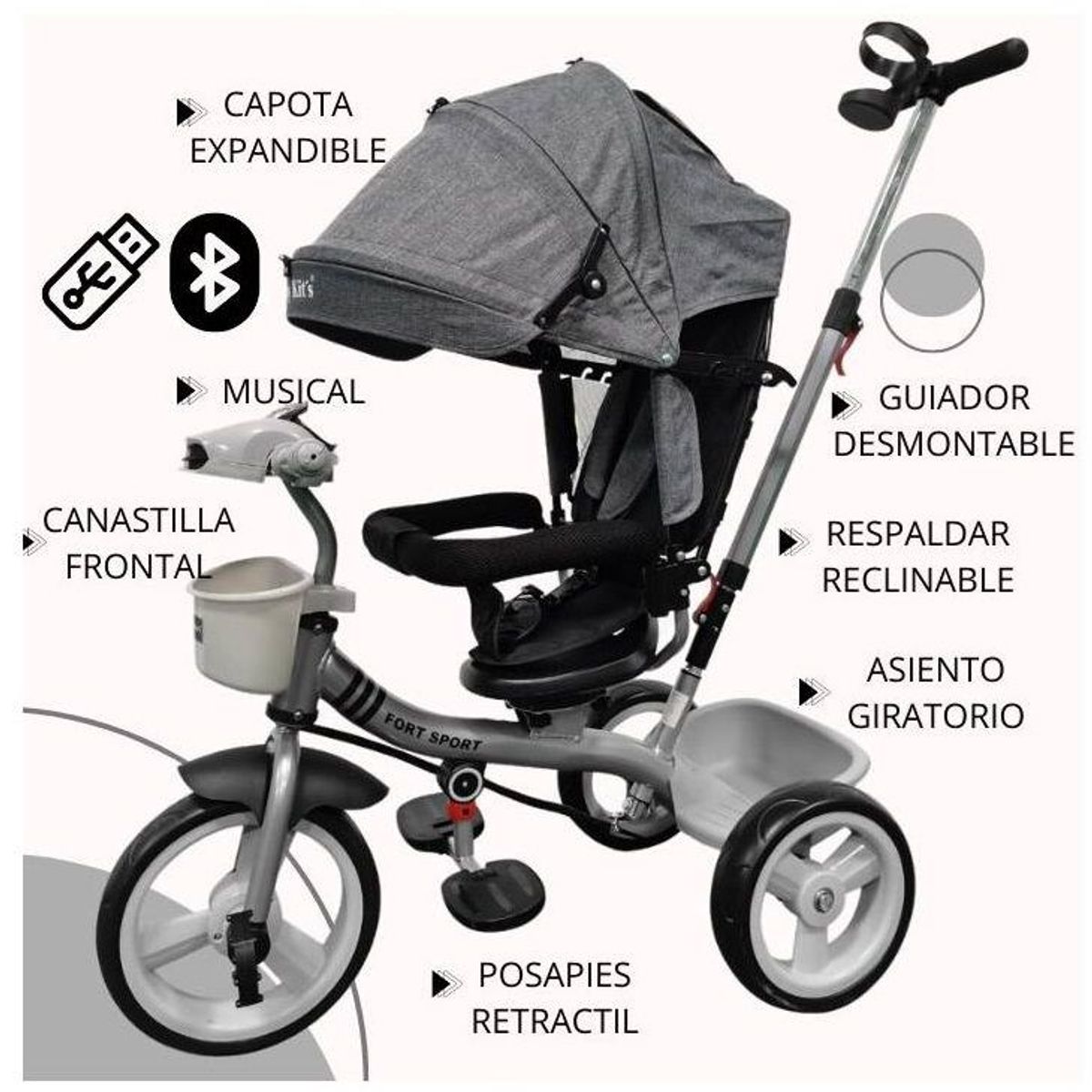 BABY KITS - Triciclo Fort Sport Musical - USB - Reclinable - Gris