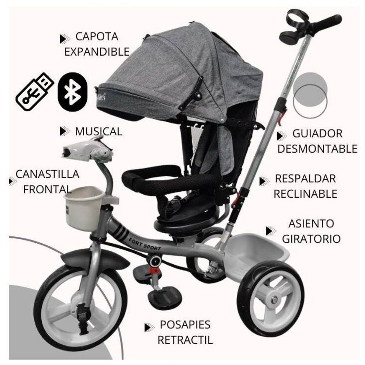 BABY KITS - Triciclo Fort Sport Musical - USB - Reclinable - Gris