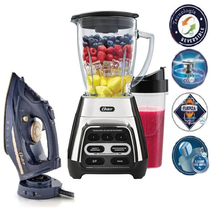 OSTER - Licuadora Tecnología Reversible Negro y Plancha de vapor Oster 2 en 1