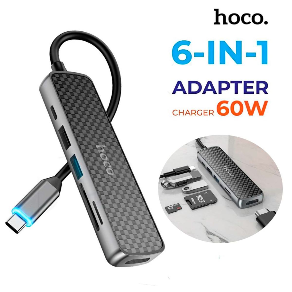 HOCO - Adaptador 6 En 1 Multipuerto Carga 60W Hoco HB24 Multifunciónal USB-C