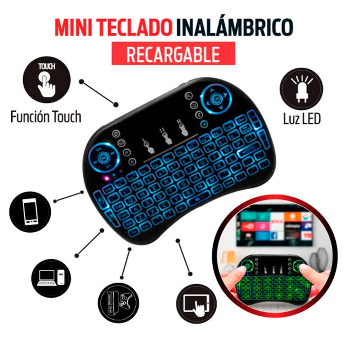 GENERICO - Mini Teclado Inalambrico Para PC TV ANDROID TV BOX Iluminado