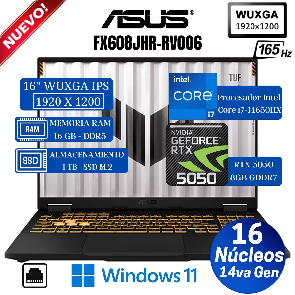 ASUS - Laptop Asus Tuf F16 FX608JHR-RV006 16” WUXGA, Core i7-14650HX, Ram 16GB, SSD 1 TB, RTX 5050 8GB