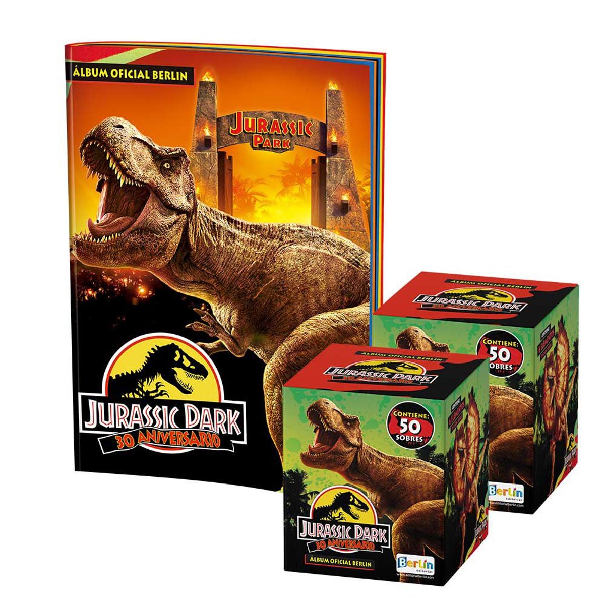 EDITORIAL BERLIN - Jurassic Park 30 años, 1 Álbum Tapa Blanda + 2 Cajitas (100 Sobres)