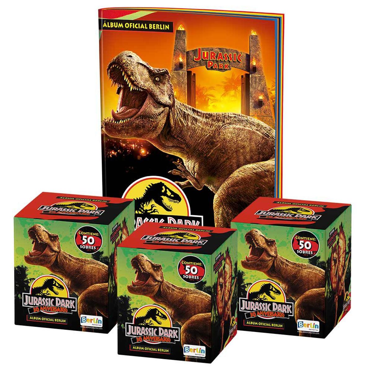 EDITORIAL BERLIN - Jurassic Park 30 años, 1 Álbum Tapa Blanda + 3 Cajitas (150 Sobres)