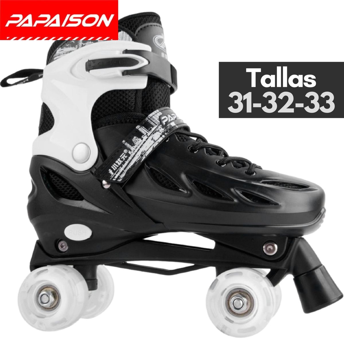 PAPAISON - Patines Cuatro Ruedas Ajustables Niños BK Tallas 31-32-33