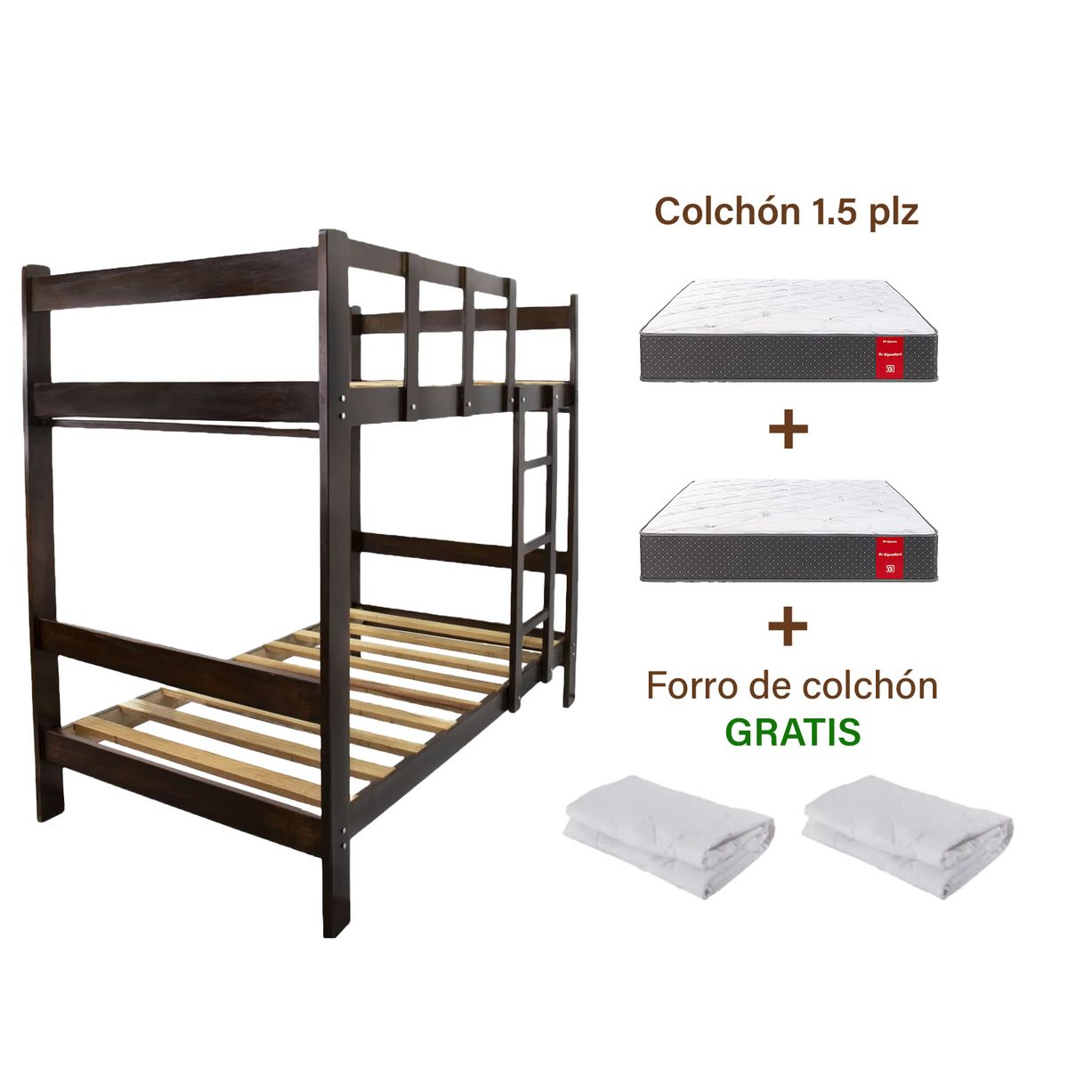 MUEBLES MACRUMO - Combo: Camarote de Madera color Nogal de 1.5 plz +2 Colchones+2 Forros