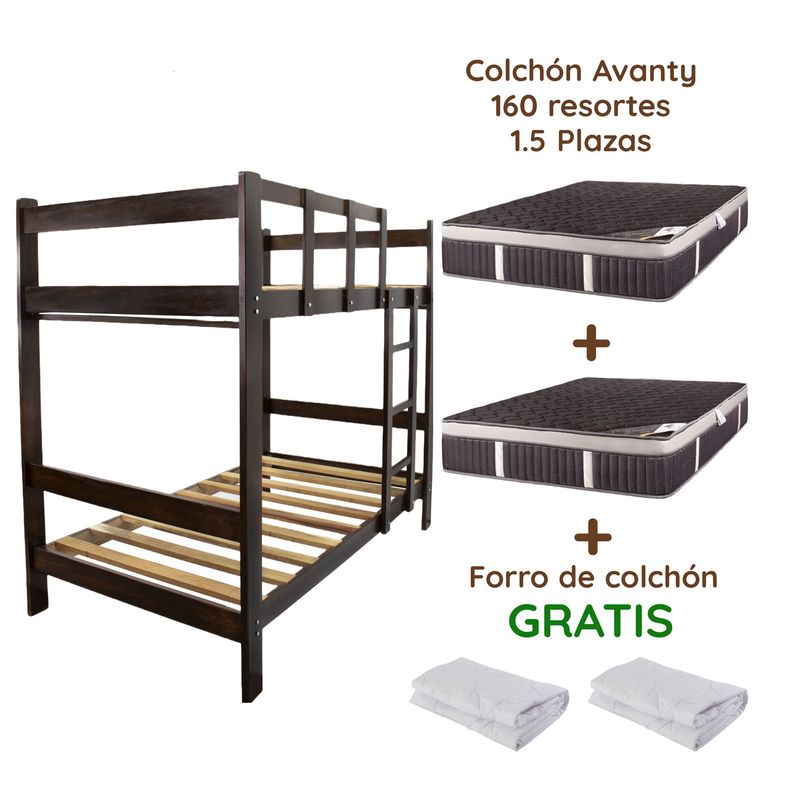 MUEBLES MACRUMO - Combo: Camarote de Madera color Nogal de 1.5 plz + 2 Colchones