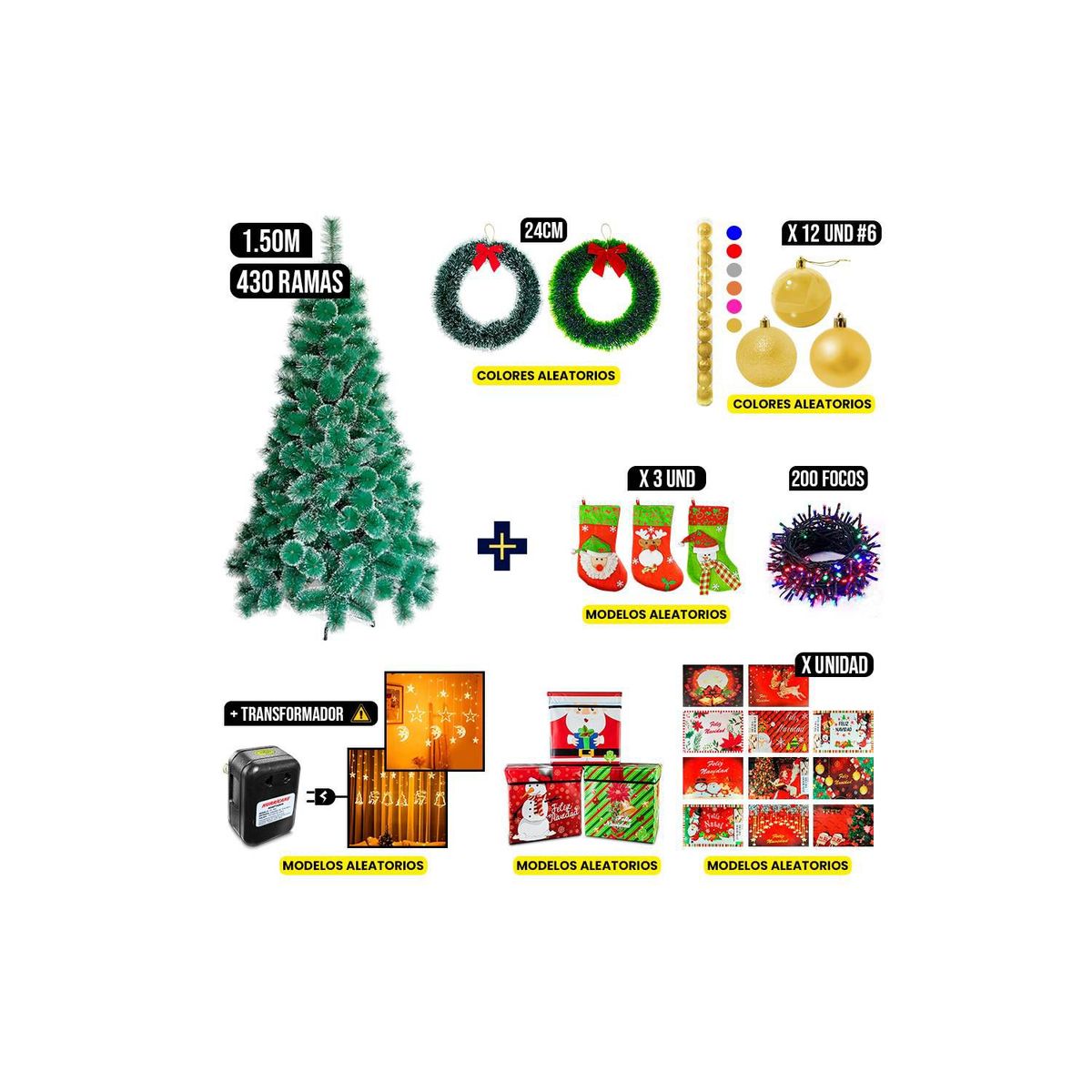 GENERICO - Kit de decoración navideña Oro + Árbol Pino Nevado Frondoso 1.5 M