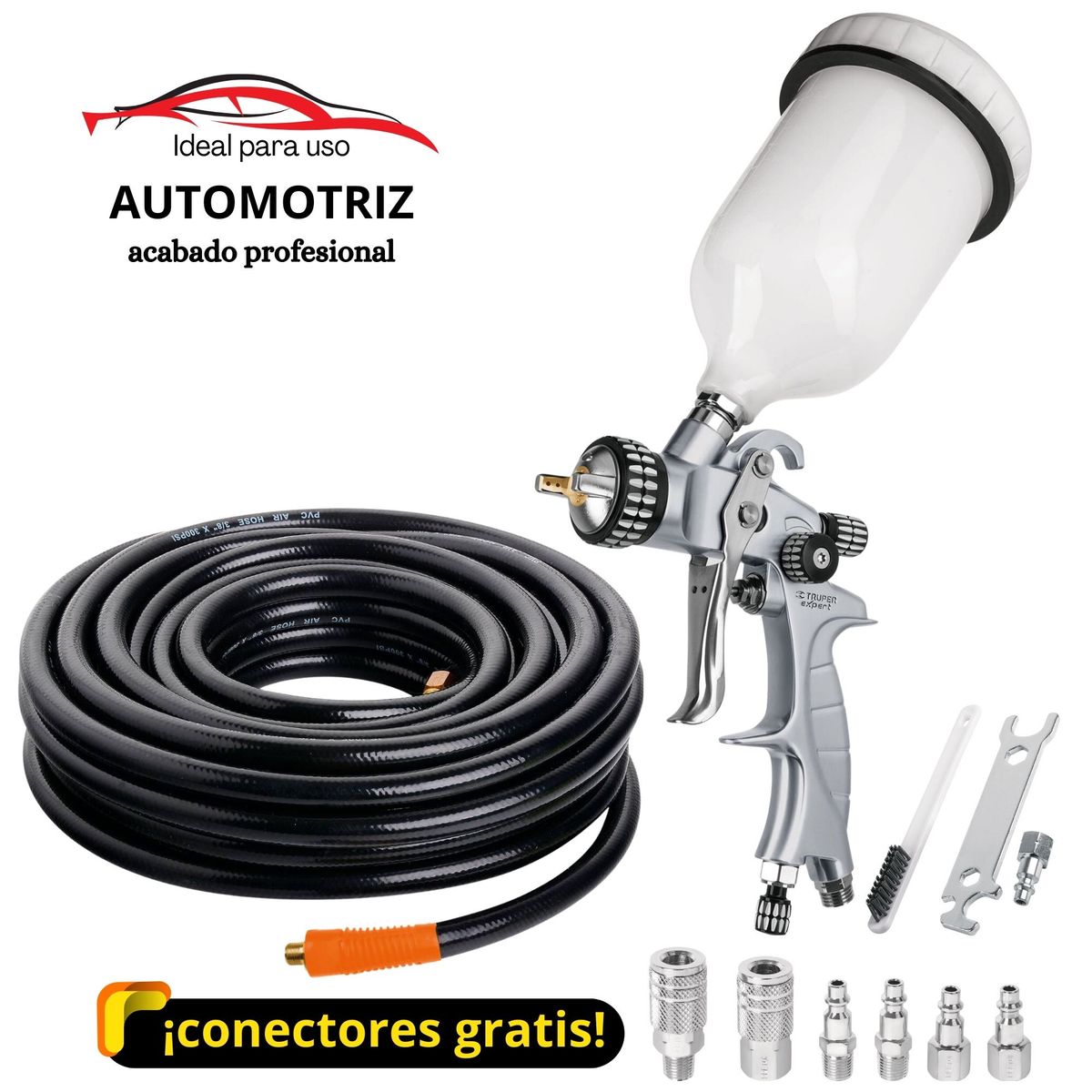 TRUPER - kit Pistola de aire para pintar  AUTOMOTRIZ, profesional, manguera 10m