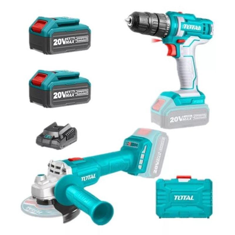 TOTAL TOOLS - Kit Taladro Atornillador Galletera Esmeril Angular 20v Total