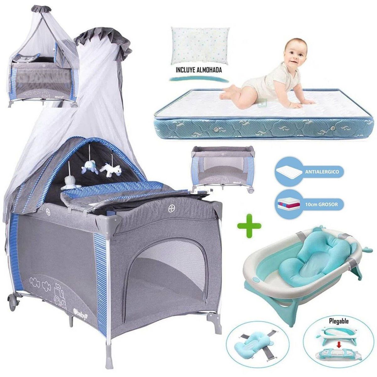 EBABY - Cuna corral Noa Azul y Colchón Clste y Tina con cojín Clste