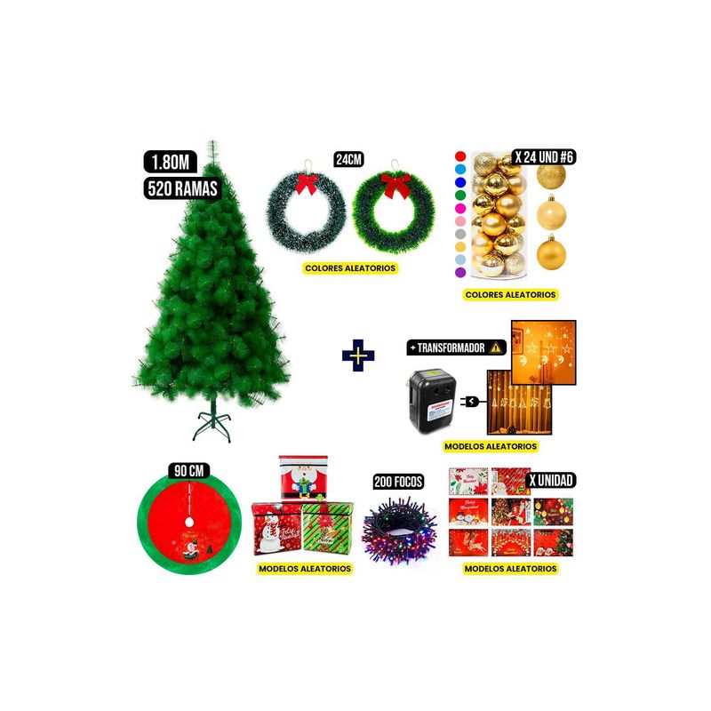 GENERICO - Kit de decoración navideña Plata + Árbol Pino Verde Frondoso 1,8 M