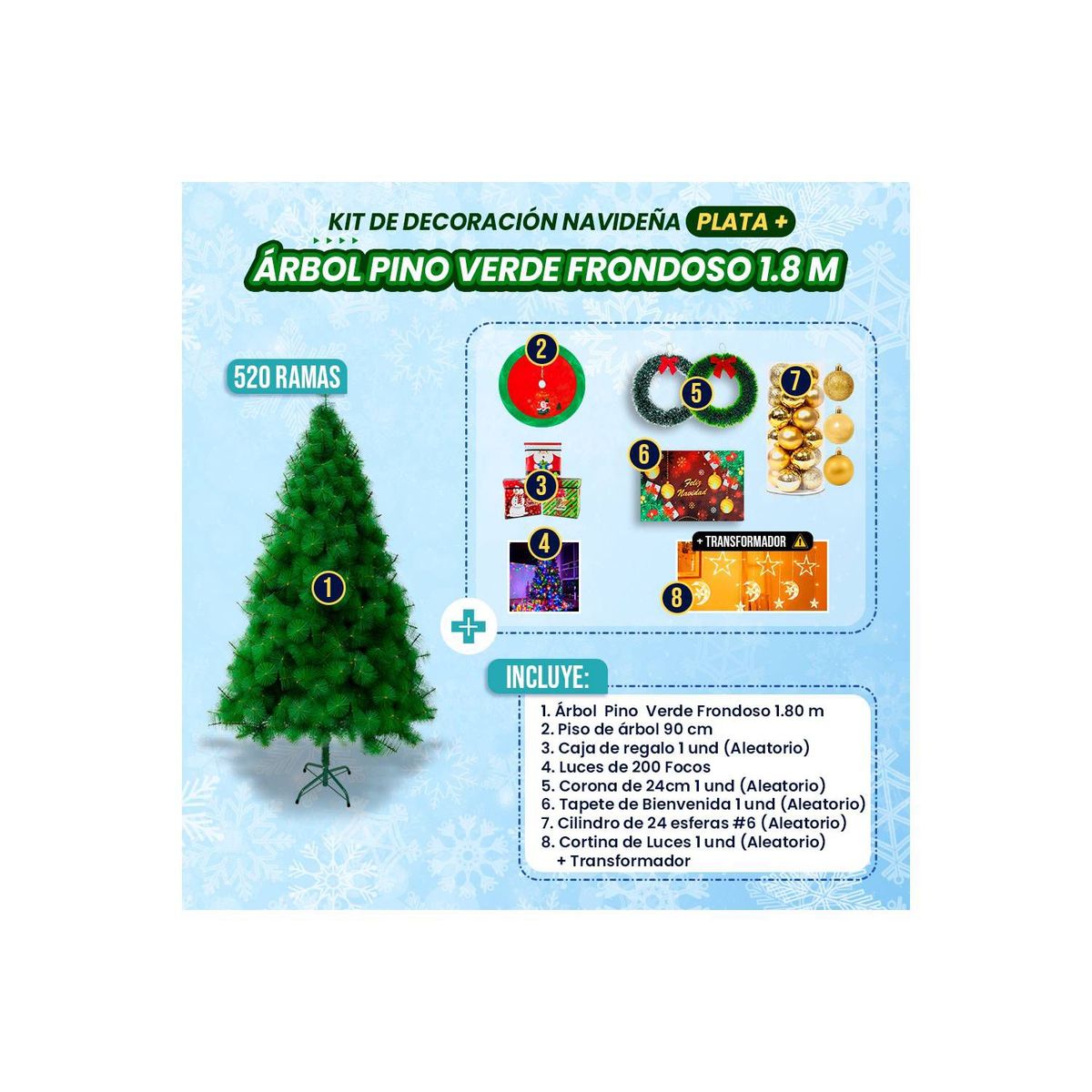 GENERICO - Kit de decoración navideña Plata + Árbol Pino Verde Frondoso 1,8 M
