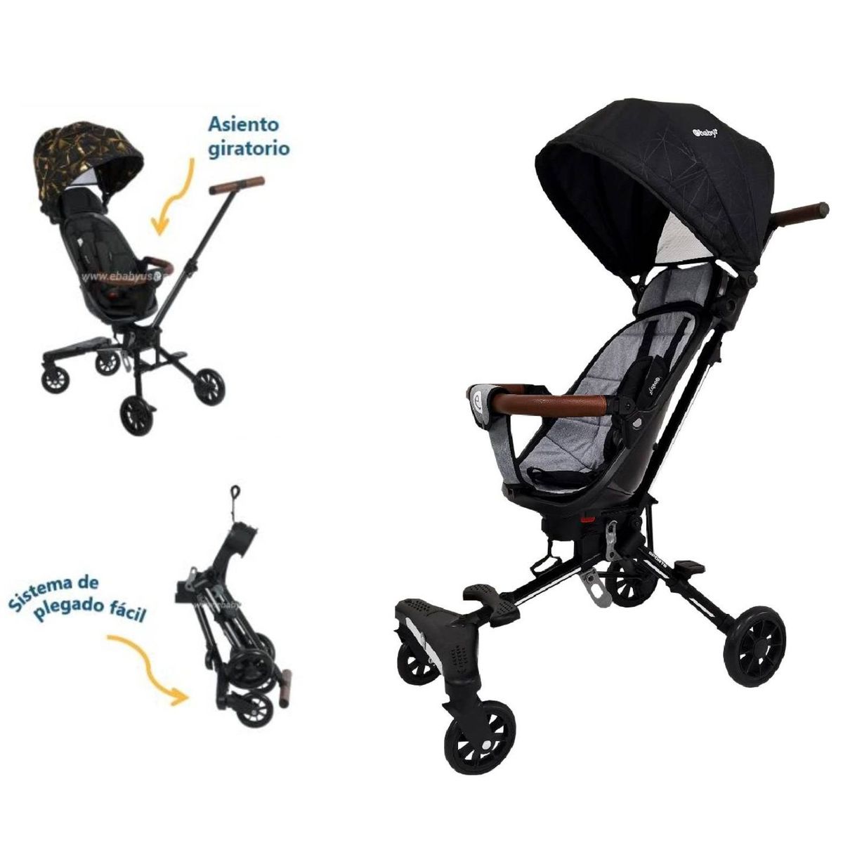 EBABY - Coche Plegable Asiento Giratorio Easy Travel Gris