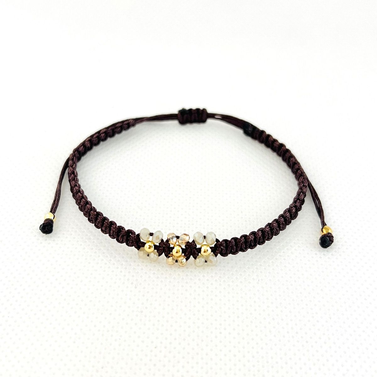 GENERICO - Pulsera de Hilo 3 Tréboles con Muranos y Billas de acero - Marrón