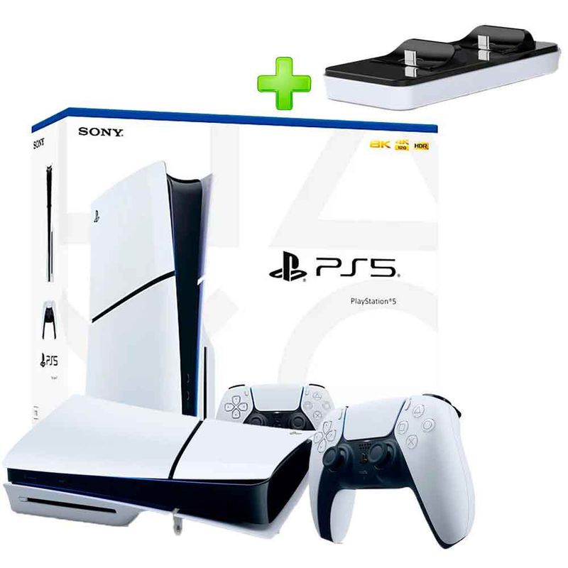SONY - Pack Consola PS5 Slim Lector y Estación de Carga para Mando PS5 Plano