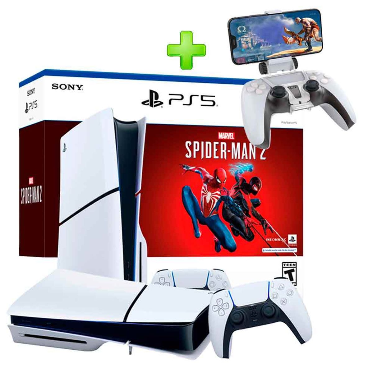 SONY - Pack Consola PS5 Slim Spiderman Lector y Soporte Celula para Mando PS5
