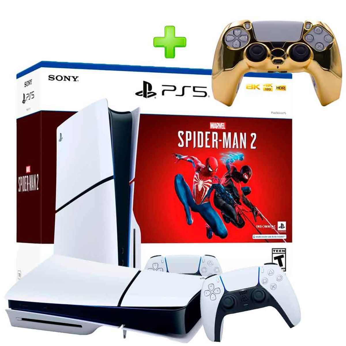 SONY - Pack Consola PS5 Slim Spiderman 2 Lector y Case para Mando PS5 Dorado