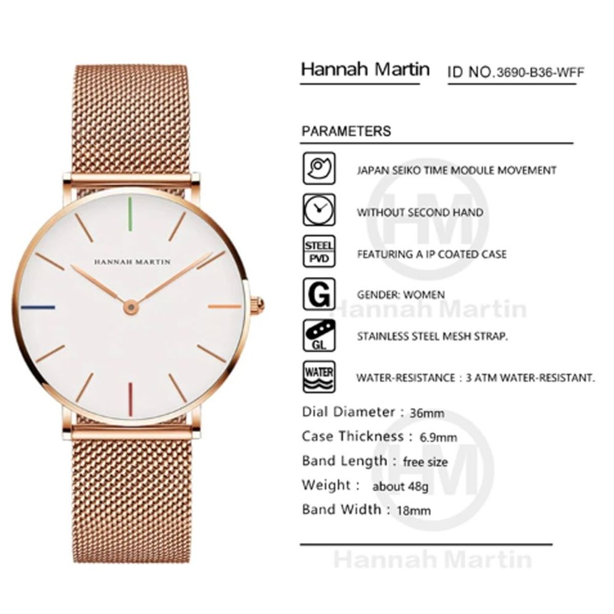 HANNAH MARTIN - RELOJ MUJER METAL ORO ROSA HANNAH MARTIN