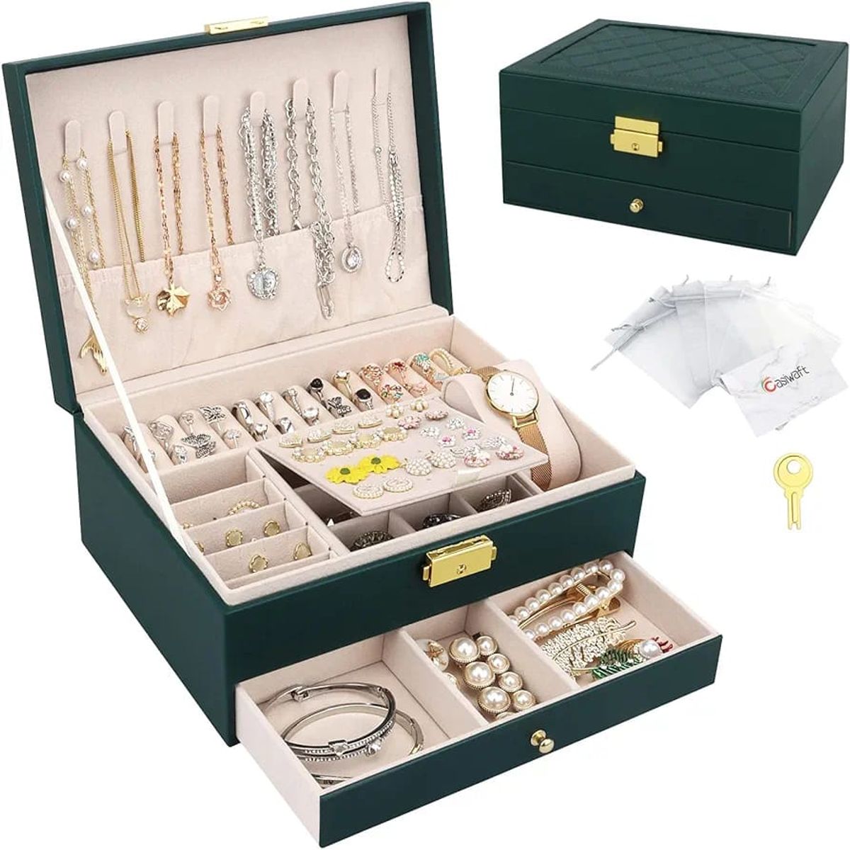 GENERICO - Joyero Grande de Dos Niveles PU Organizador de Joyas de 2 Niveles