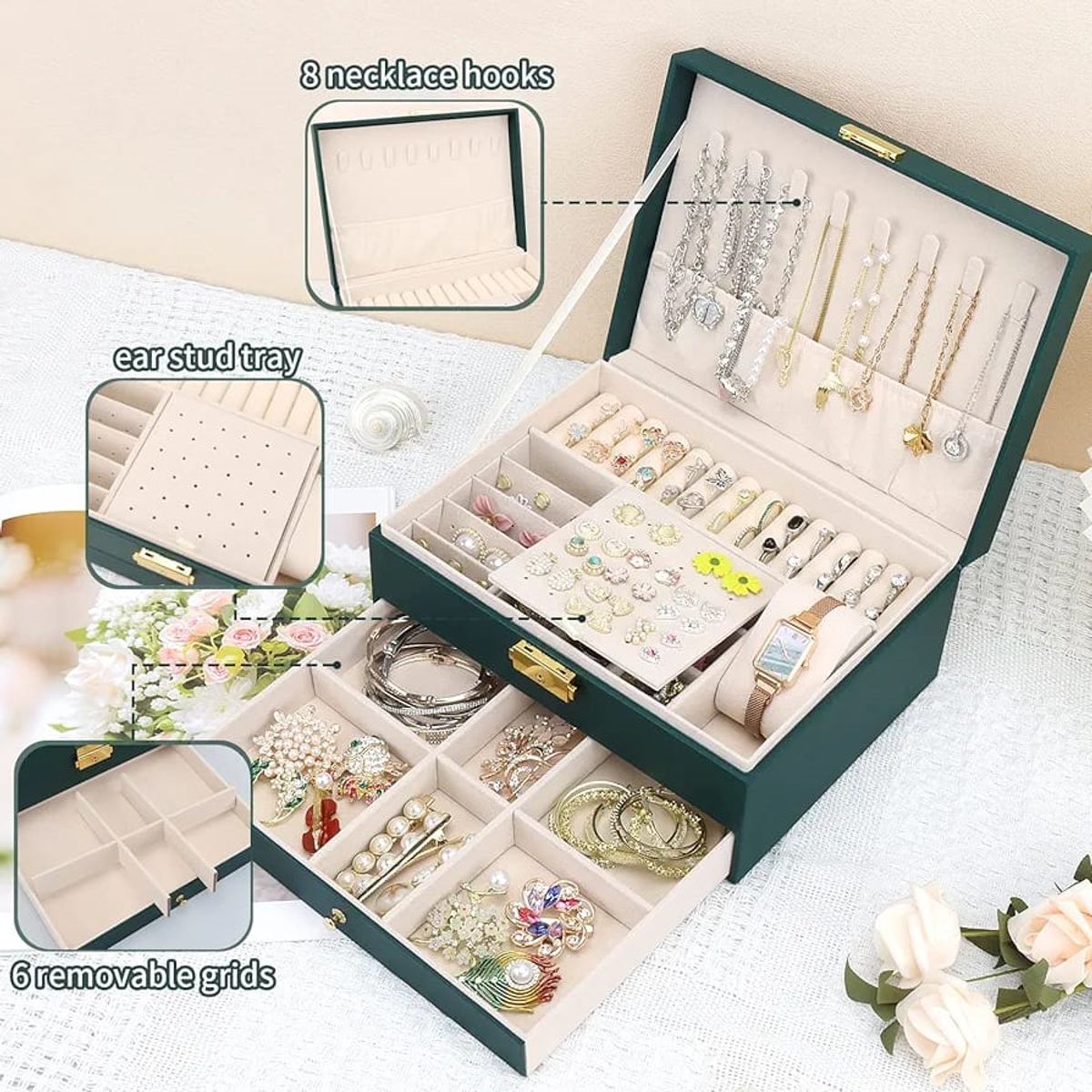 GENERICO - Joyero Grande de Dos Niveles PU Organizador de Joyas de 2 Niveles