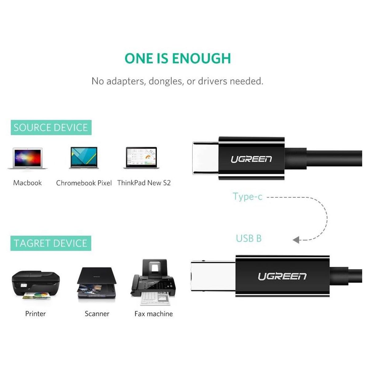 UGREEN - Cable Impresora 2m USB-C a USB-B Ugreen 480Mb/s US241 - 50446