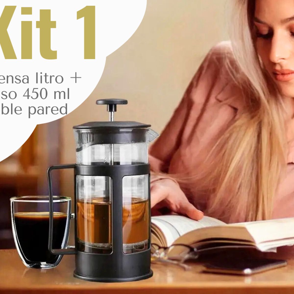 GENERICO - Pack 1 prensa litro + vaso doble pared 450 ml