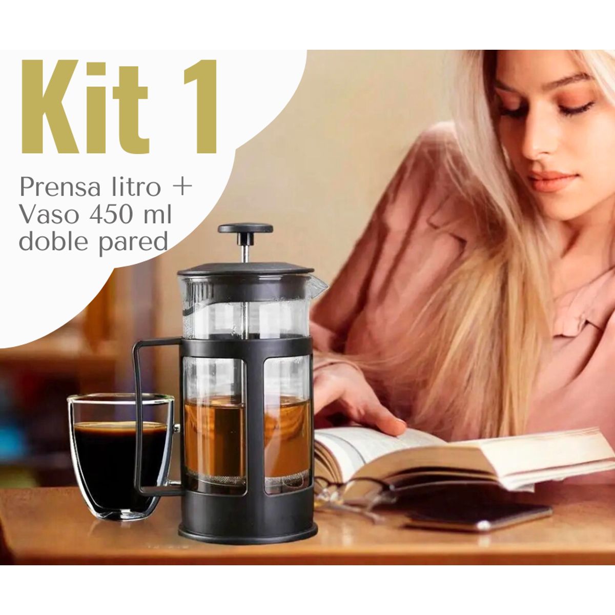 GENERICO - Pack 1 prensa litro + vaso doble pared 450 ml