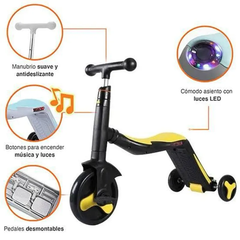 GENERICO - SCOOTER 3 EN 1: TRICICLO, PATIN Y SCOOTER AMARILLO