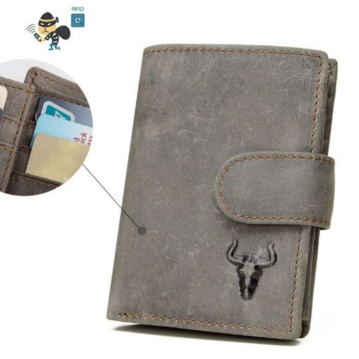 GENERICO - Billetera de Cuero Genuino de 03 Cuerpos Gris con Monedero