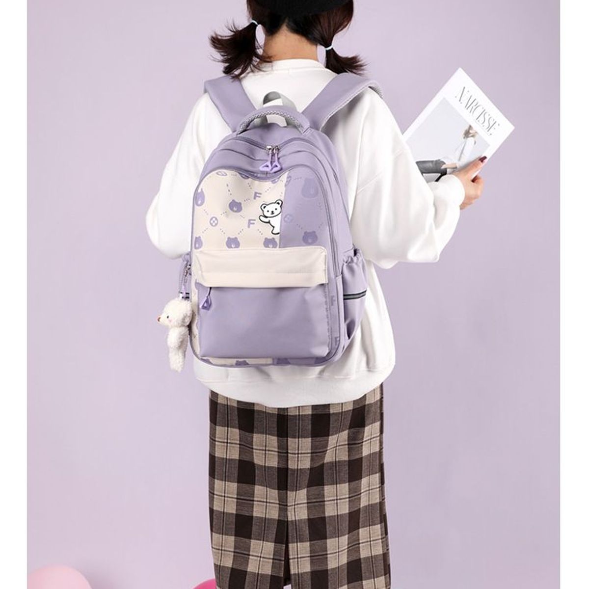 GENERICO - MOCHILA ESCOLAR KAWAII CON LLAVERO DE PELUCHE