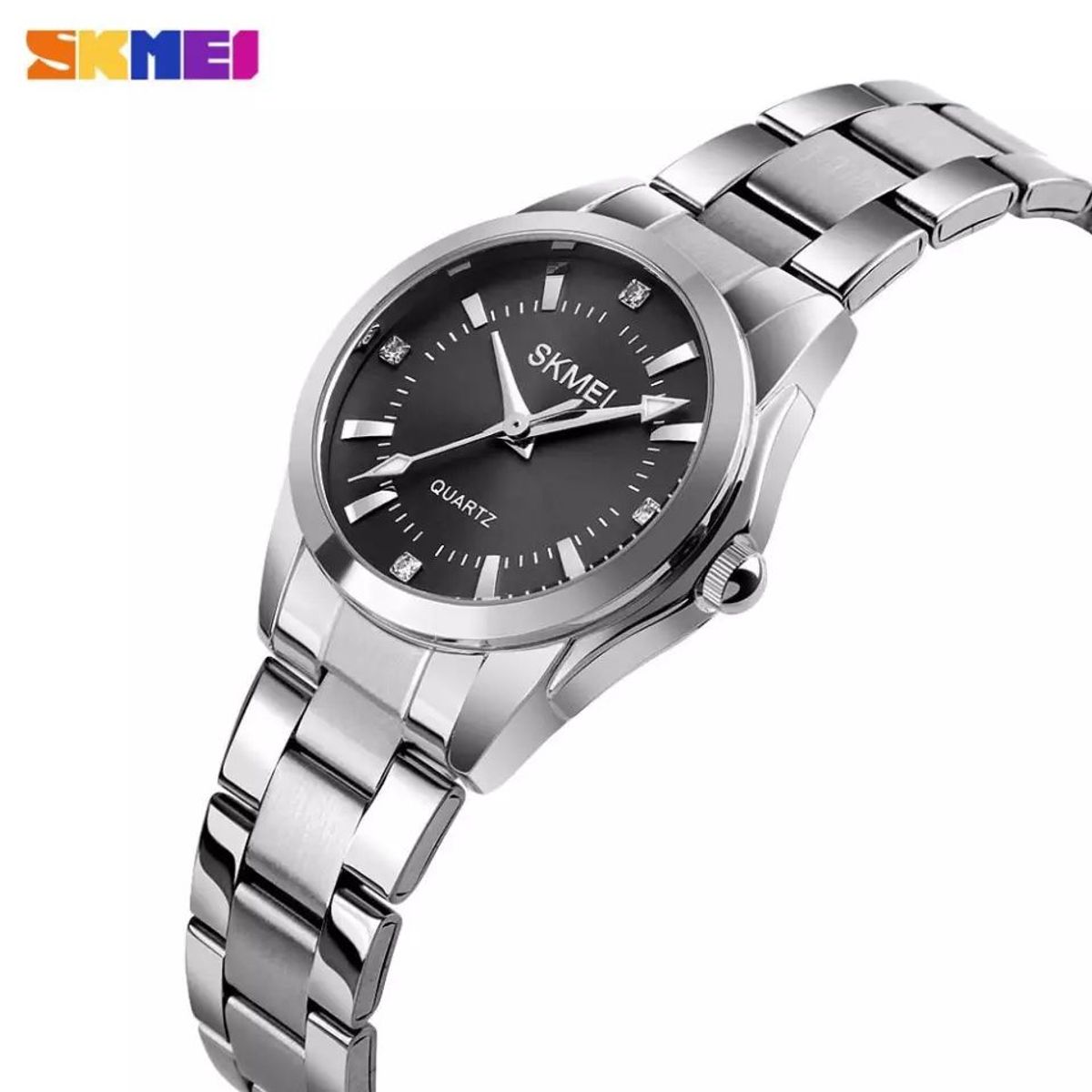 SKMEI - RELOJ SKMEI 1620 PLATEADO FONDO NEGRO CORREA ACERO PARA MUJER_.