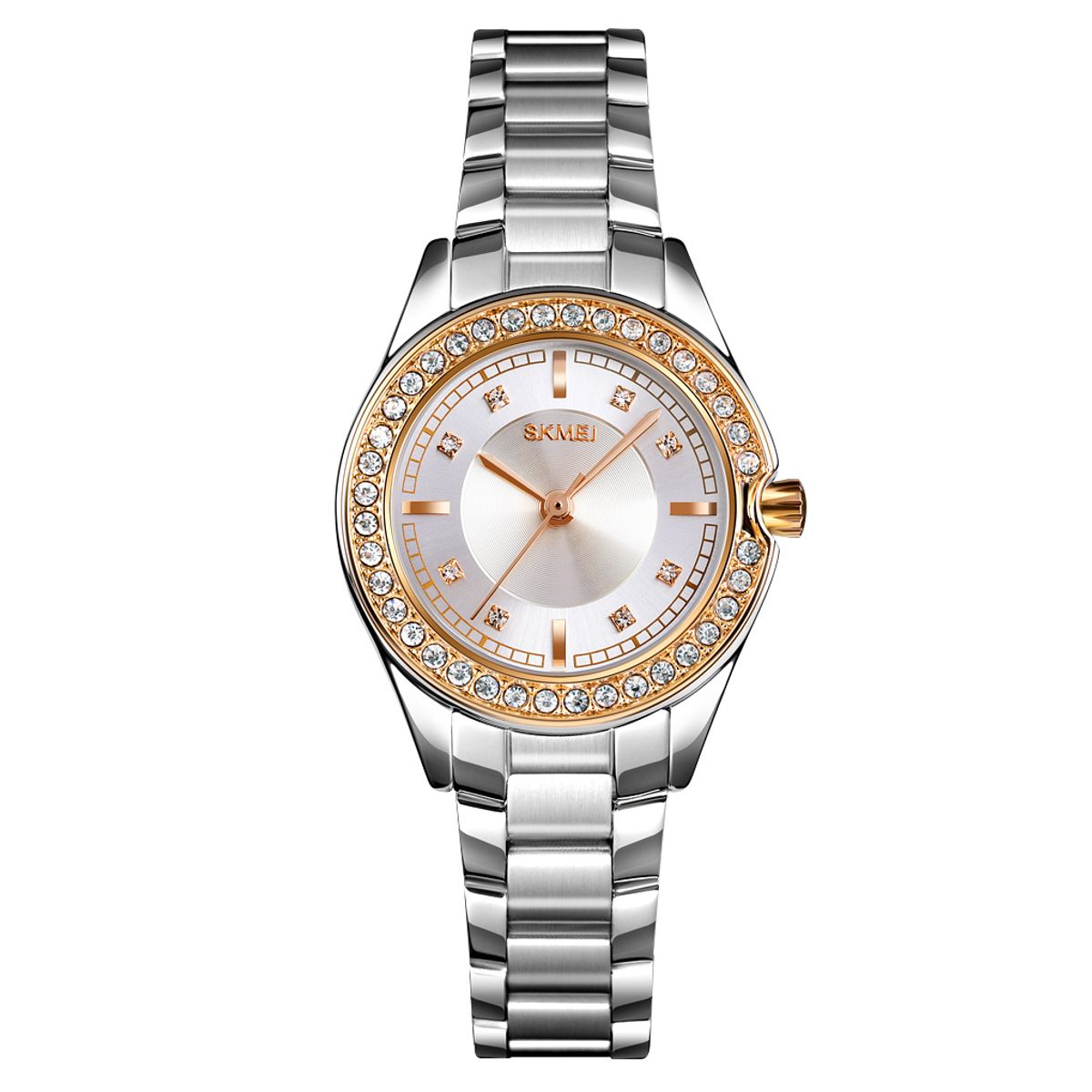SKMEI - RELOJ SKMEI 1534 PLATEADO DETALLES DORADOS CORREA ACERO PARA MUJER