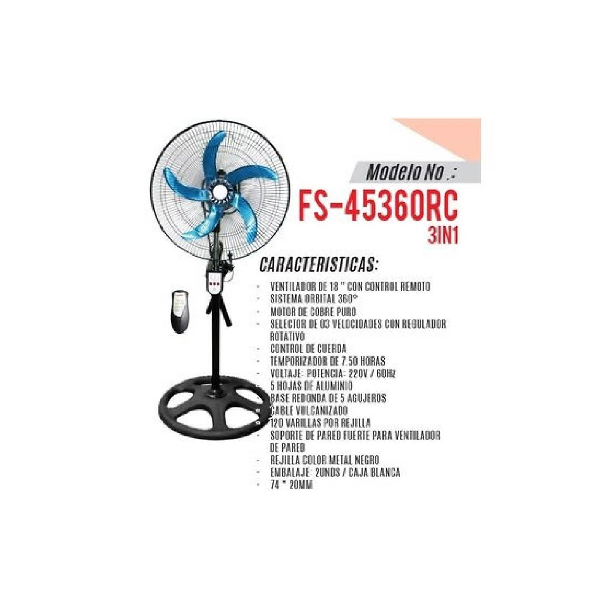 GENERICO - VENTILADOR OSLUMAR 18" 200 Watts -TAIWAN Control Remoto NEGRO - 3 en 1