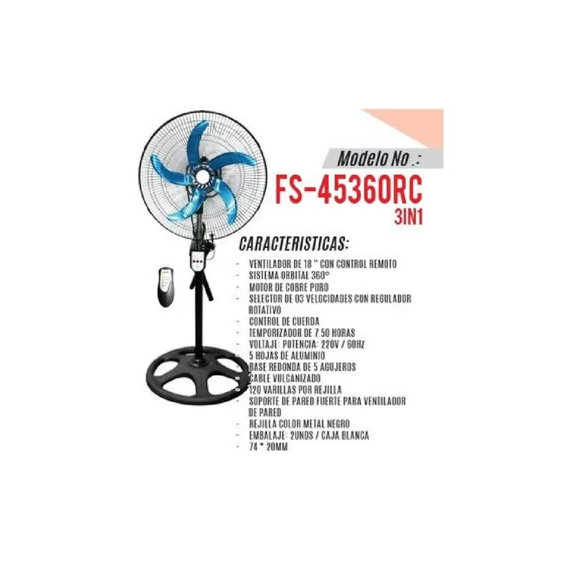GENERICO - VENTILADOR OSLUMAR 18" 200 Watts -TAIWAN Control Remoto NEGRO - 3 en 1