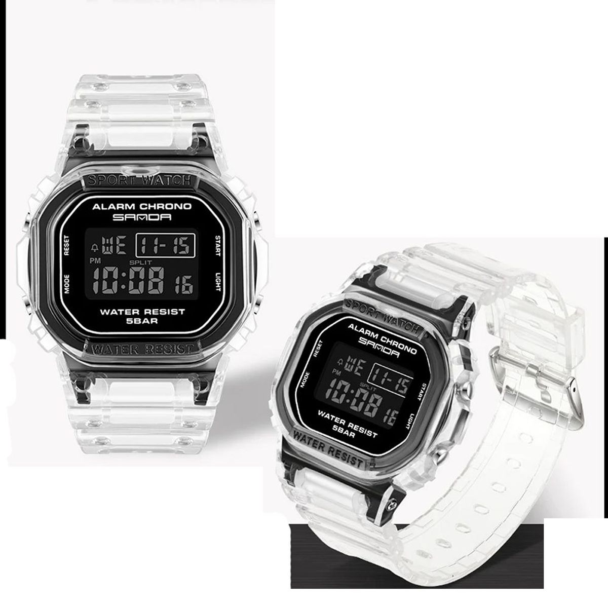 SANDA - RELOJ DIGITAL CORREA TRANSPARENTE - CASE NEGRO - SANDA - TIPO CASIO
