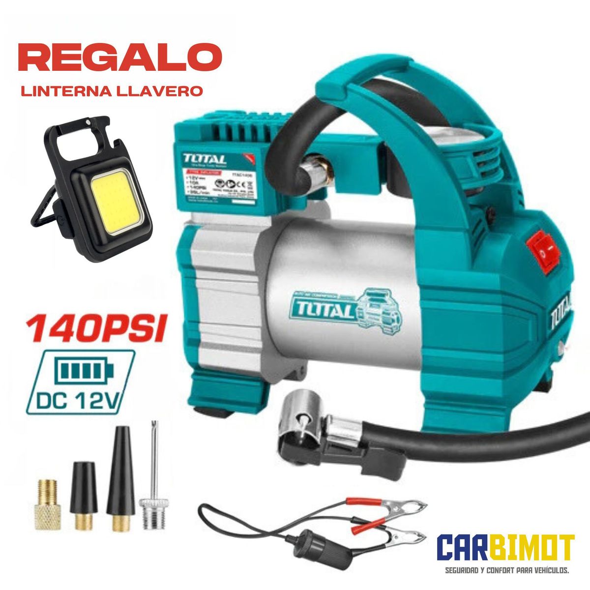 TOTAL TOOLS - MINI COMPRESORA INFLADOR DE AIRE 12V PORTATIL PARA LLANTAS