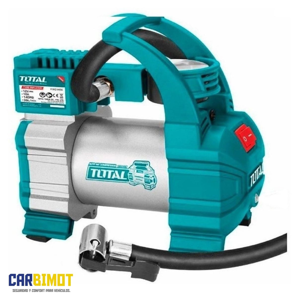 TOTAL TOOLS - MINI COMPRESORA INFLADOR DE AIRE 12V PORTATIL PARA LLANTAS