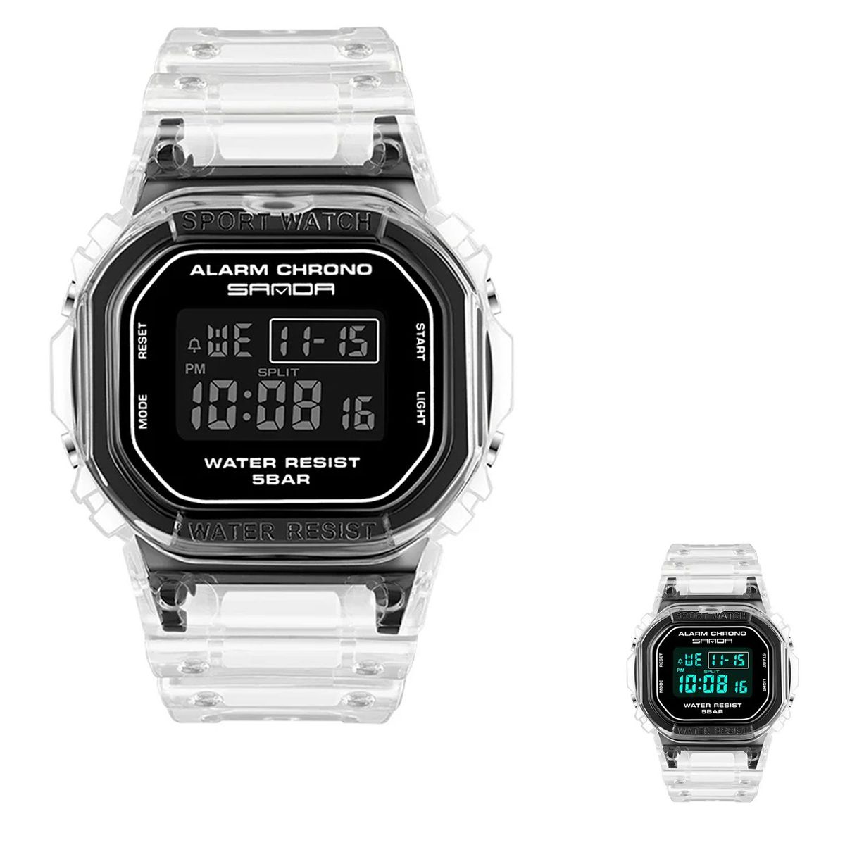 SANDA - RELOJ DIGITAL CORREA TRANSPARENTE - CASE NEGRO - SANDA - TIPO CASIO