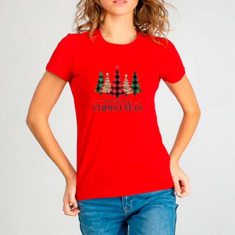 GENERICO - Polo Mujer Manga Corta Pinos Navidad - Nathalie Love It - Rojo