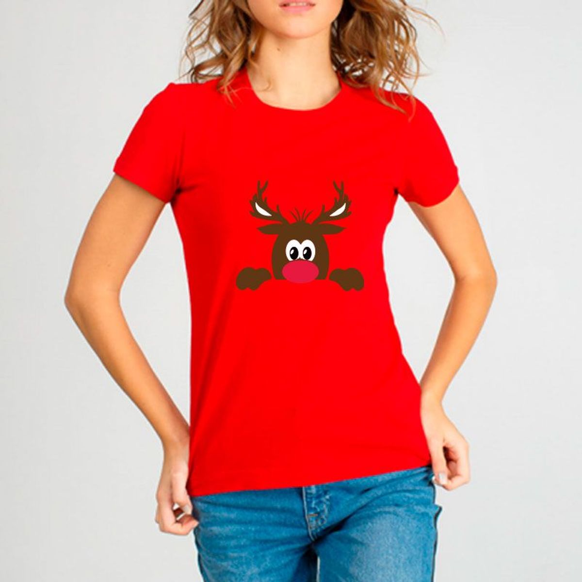 GENERICO - Polo Mujer Manga Corta Reno Navidad - Nathalie Love It - Rojo