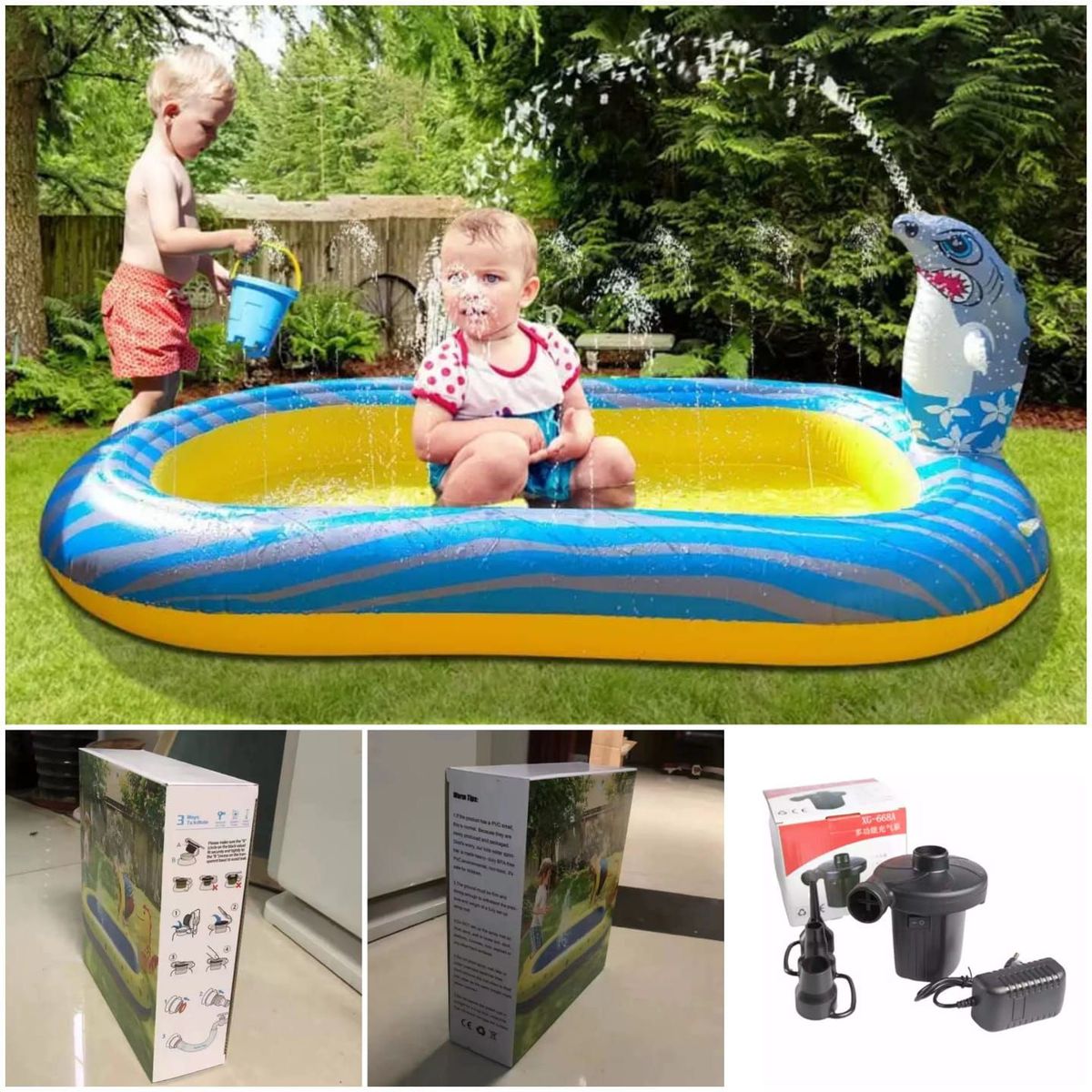 GENERICO - PISCINA INFLABLE SPRAY CON INFLADOR ELÉCTRICO - TIBURON