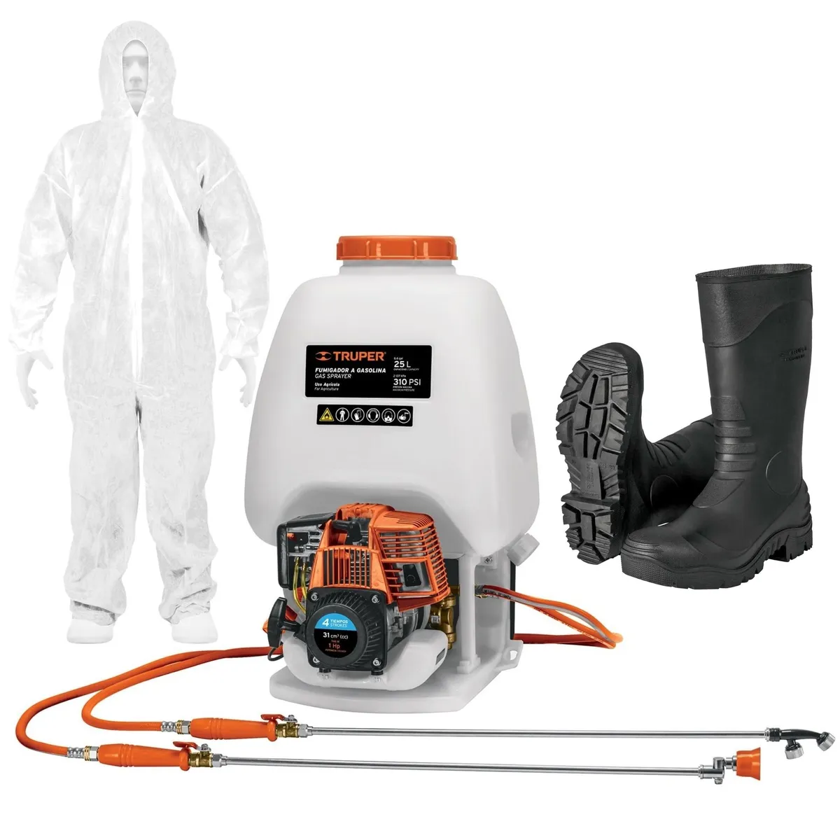 TRUPER - Motofumigadora 25L combo fumigadora motor 4 tiempos + BOTAS,  OVEROL