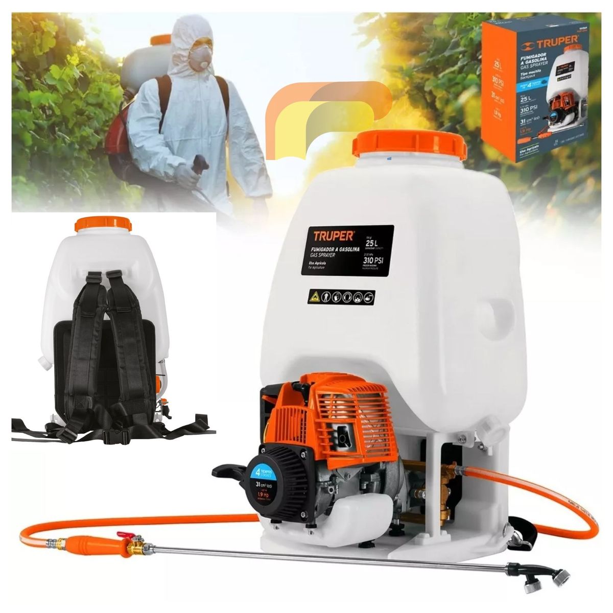 TRUPER - Motofumigadora 25L combo fumigadora motor 4 tiempos + BOTAS,  OVEROL