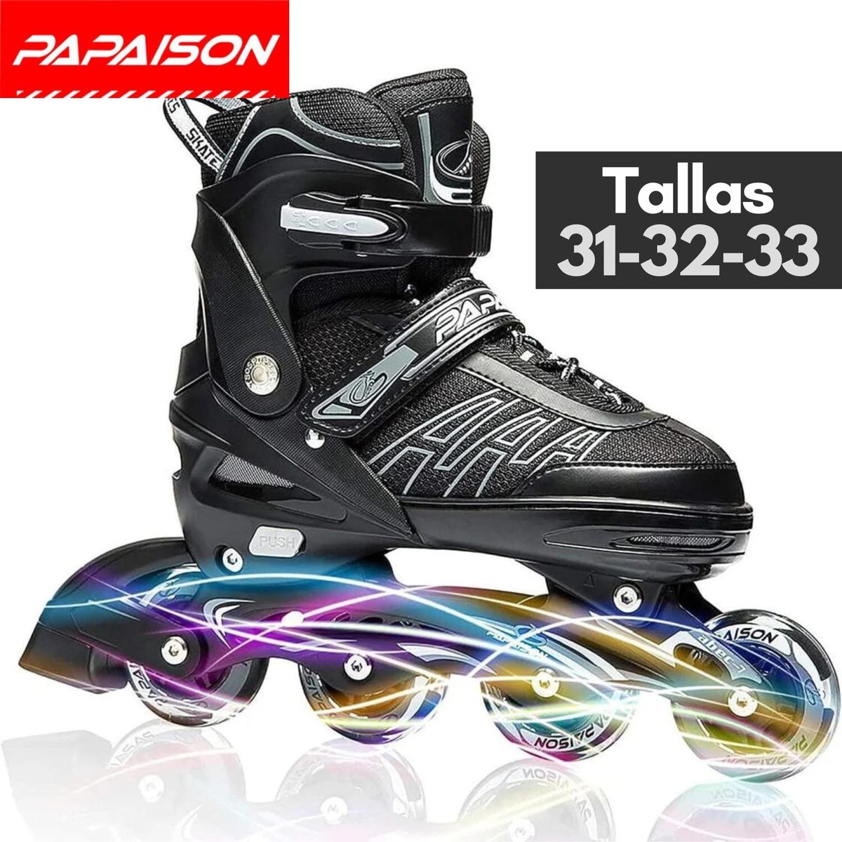 PAPAISON - Patines Lineales Ajustables Clásicos A01 BK Tallas 31-32-33