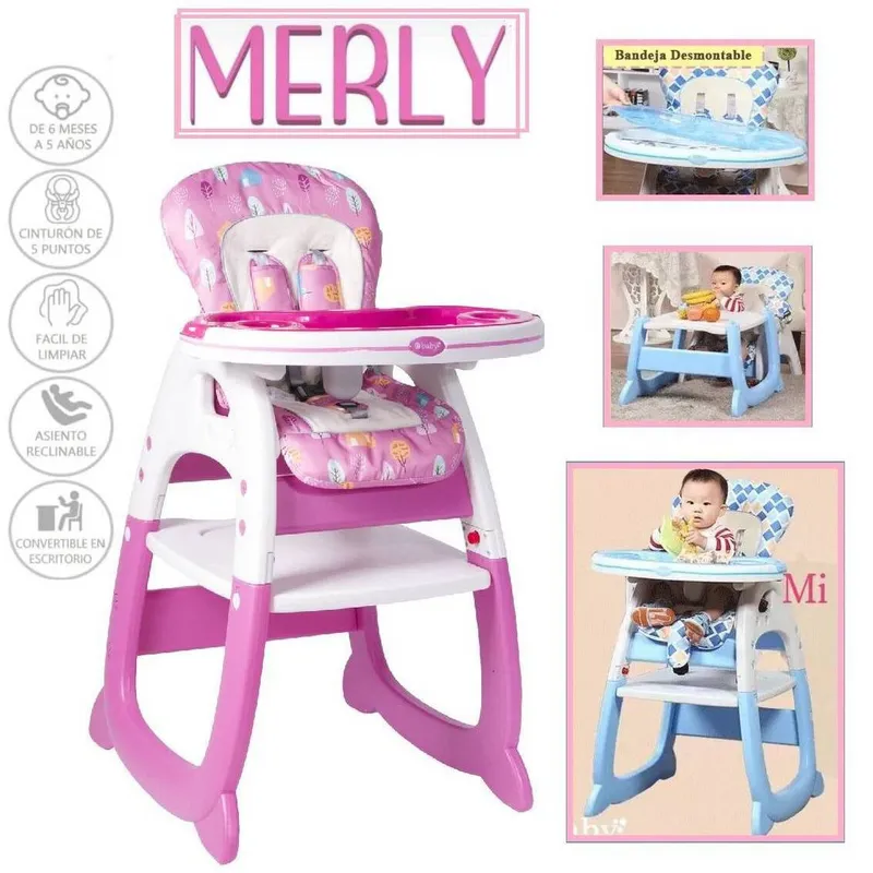 EBABY - Silla con carpeta 3 en 1 comer/estudiar/jugar Merly Rosada