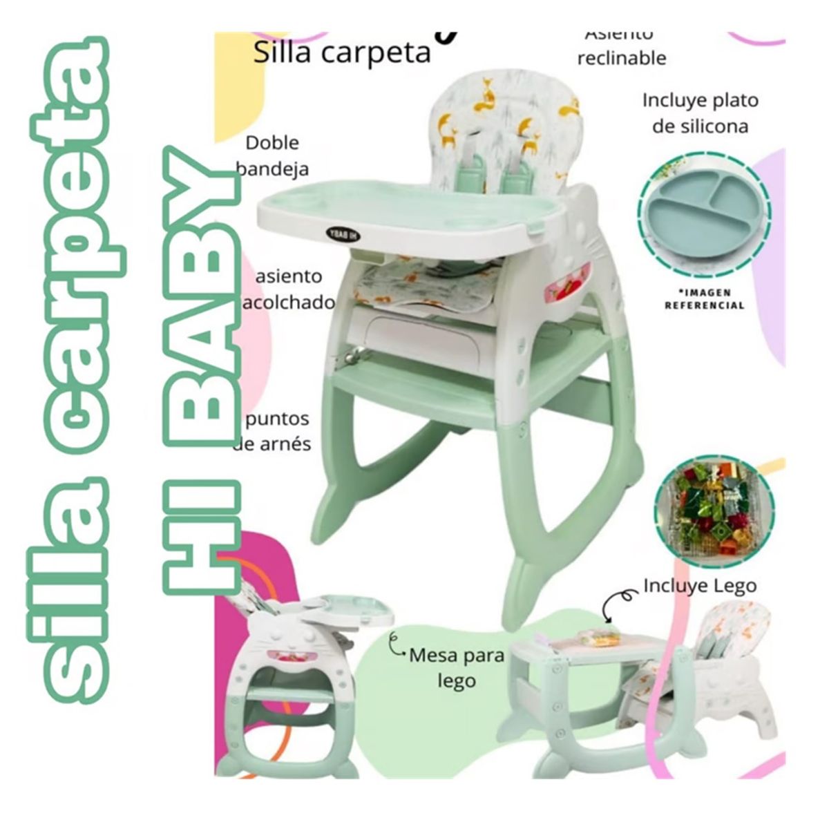 GENERICO - Silla con carpeta 3 en 1 comer/estudiar/jugar Gato Verde