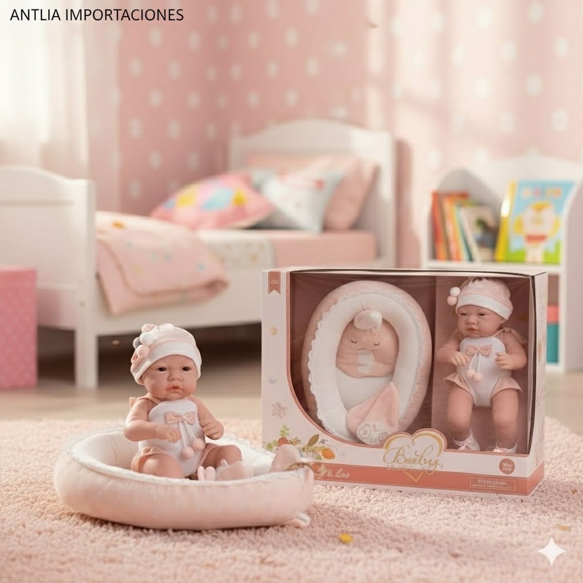 GENERICO - Muñeca Bebé Realista con Cuna Portatil So Lovely Rosa