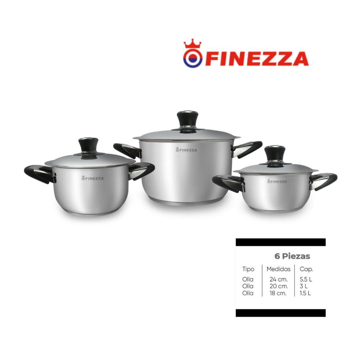 FINEZZA - JUEGO DE OLLAS EN ACERO INOXIDABLE 6 PZAS  FINEZZA