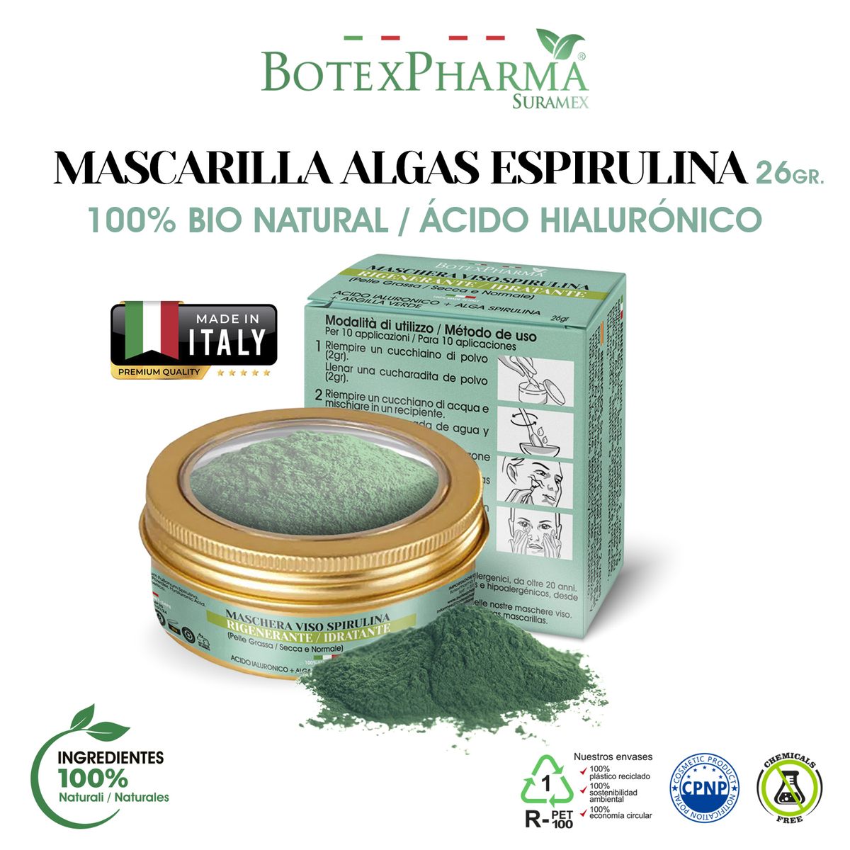 BOTEXPHARMA - Mascarilla Facial Bio  Espirulina, Ácido Hialurónico y Arcilla Verde